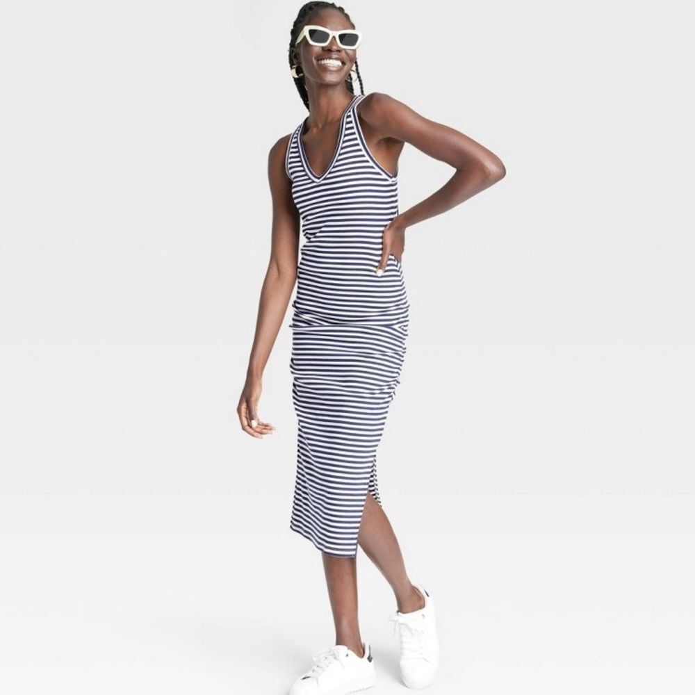 A New Day Sleeveless Ribbed Side-Ruched Dress size  XXL Navy White